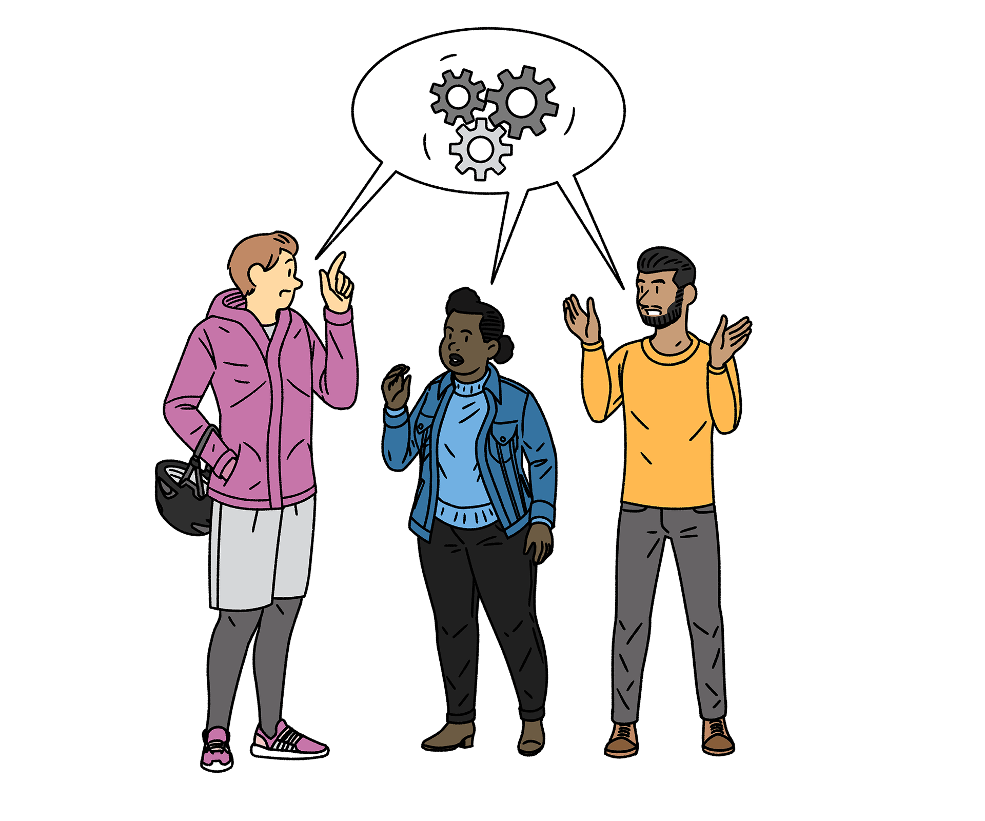 An illustration of three individuals engaged in an active discussion. A thought bubble above their heads contains three interlocking gears, symbolizing collaborative problem-solving or shared ideas. The person on the left is pointing upwards, the person in the middle is speaking, and the person on the right is gesturing with both hands.